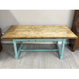 Large pine farmhouse dining table with painted base