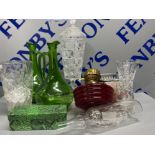 Tray of glass and crystal including tall sweet jar and cover, pigeon blood oil lamp reservoir and