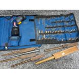 Ryobi electric drill & drill accessories together with vintage wooden organ tuners