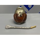 Yerba mate gourd and bombilla set silver plated fittings and appropriate plated leaves attached