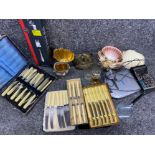 Crate of miscellaneous items to include cased cutlery, sea shells, candle Sconce, Texet Pocket 8M