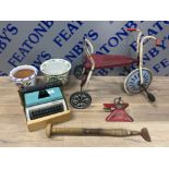 Pottery planters, 1960s childs trike, lilliput typewriter and vintage lawn water sprinkler