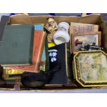 Box of miscellaneous including antique child’s books, religious figures, railway books, fishing reel