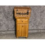 Pine bedside cabinet & wicker picnic basket