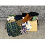 2 boxes of ladies scarves, leather gloves, kilt and gents hats