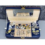 Blue & Brown leather Jewellery case containing costume Jewellery including five vintage Marcasite