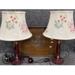 Vintage carved wooden twin handled tray together with a pay of Ruby effect based table lamps with