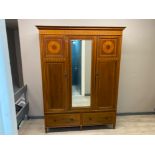 Large inlaid mahogany mirrored double door wardrobe, fitted with 2 drawers