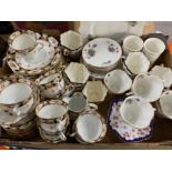 Box lot of mixed China part tea sets, Imari pattern and 2 different Windsor bone China part sets