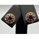 Ladies 9ct gold Amethyst and diamond cluster stud earrings.