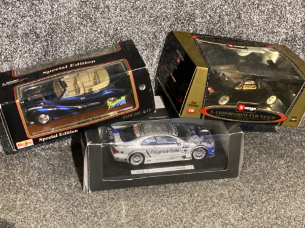 Three large boxed collectible cars (1:18 scale) all in original boxes includes Burago Lamborghini,