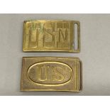 Two brass belt buckles - US army & USN navy