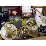 Box of miscellaneous costume jewellery including Marcasite brooch, Accurist wristwatch, silver &