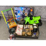 Box of miscellaneous including CDs & DVDs together with a metal mechanic model kit, child scooter