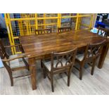 Large extending stained pine dining table & 6 matching chairs (2x carvers & 4x singles) H77cm x