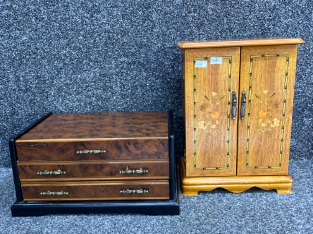 2 wooden vintage jewellery boxes in the form of a cabinet & chest