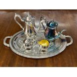 Silverware tray and teapots