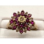 Ladies vintage 9ct gold Ruby and diamond cluster ring. Size O (2.1g)