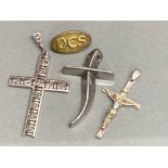 4x silver items to include 3 crucifix pendants & PCS pin badge, 15.9g