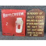 Two vintage signs includes metal ‘Brylcreem’ advertising sign 40.5x45.5cm & wooden pub sign