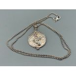 Silver bead chain with stone set circle pendant 24.2g gross