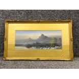 Ornate framed watercolour of a mountain and lake scene signed bottom right
