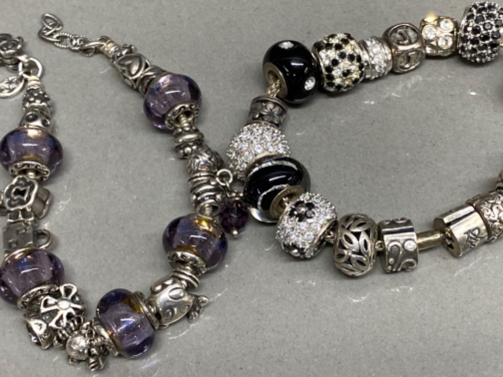 2x silver 925 charm bracelets, with white, purple & black stone charms, 91g gross - Bild 2 aus 2