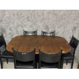 Vintage G-plan dining table and 6 black leather chairs and extra leaf