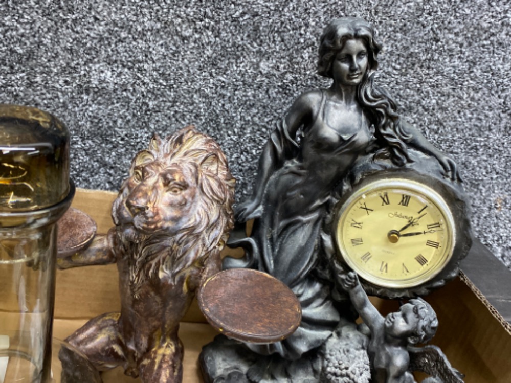 Box of miscellaneous includes Juliana figured mantle clock, black glass decanter, - Image 2 of 3