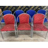 Total of 7 metal framed contemporary single chairs (3x red fabric & 4x blue fabric seat pads &