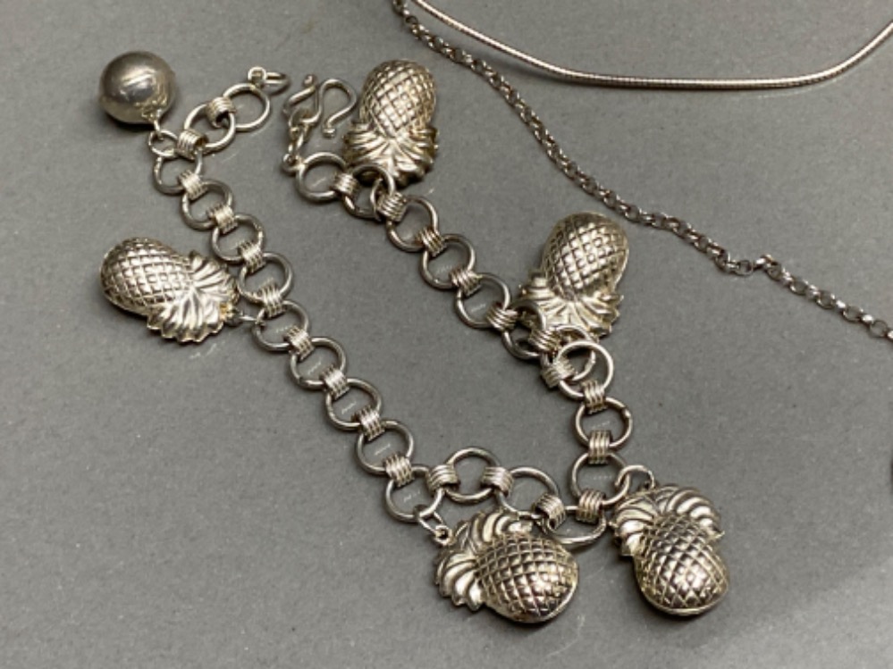 3x silver items includes charm bracelet with pineapple charms & 2x necklaces with heart shape - Image 2 of 3