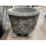 Large concrete plant pot on claw feet, with a dancing boy decoration, diameter 60cm x Height 45cm