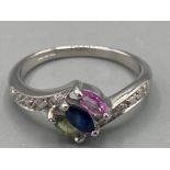 Ladies 9ct white gold diamond and coloured stone ring size N 2.9g gross