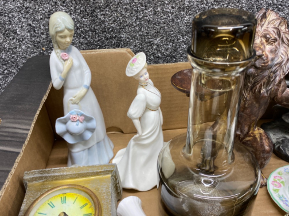 Box of miscellaneous includes Juliana figured mantle clock, black glass decanter, - Image 3 of 3