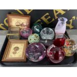 Tray of paperweights travelling ink well, glass display boxes, 2x penny farthing framed pieces