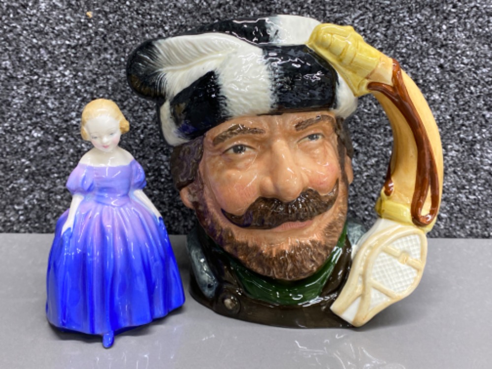 Large Royal Doulton character jug ‘D6609’ the Trapper, together with a Royal Doulton girl figurine’