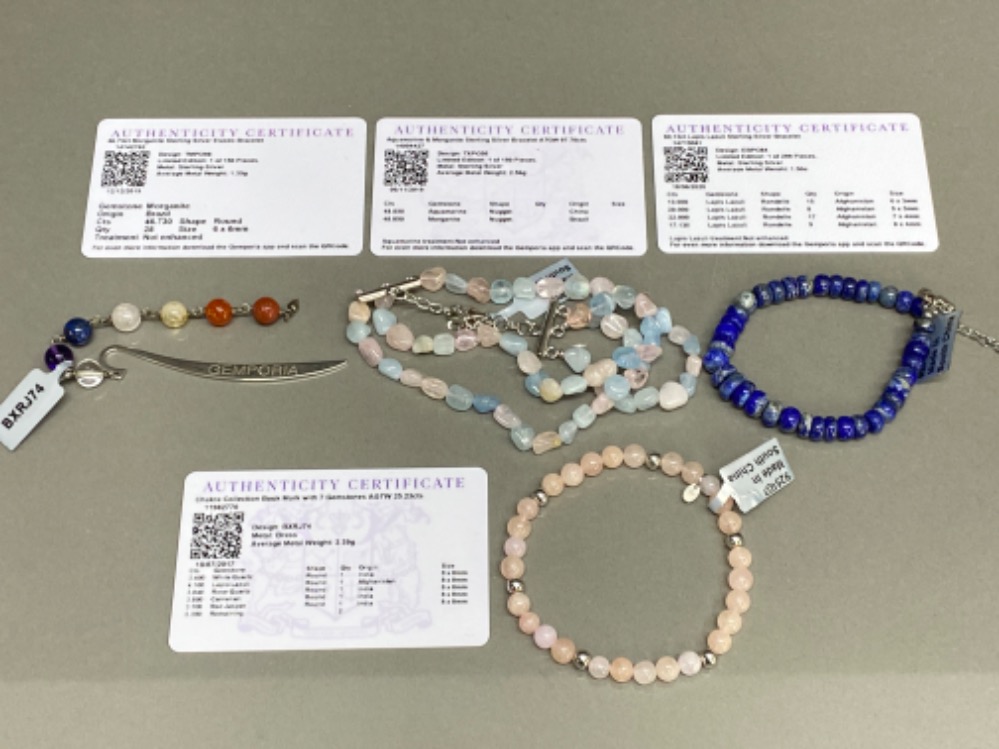 Three gemstone bracelets including Lapis Lazuli and bookmark by Gemporia with COAs