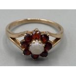 Ladies 9ct yellow gold garnet and opal cluster ring size N 2.3g gross