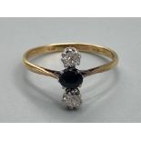 Ladies 18ct yellow gold sapphire and diamond three stone ring size P 1/2 2.4g gross