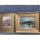 An oil painting of a castle by B Davis, and a watercolour J Beattie “Lewes Castle, Sussex” signed