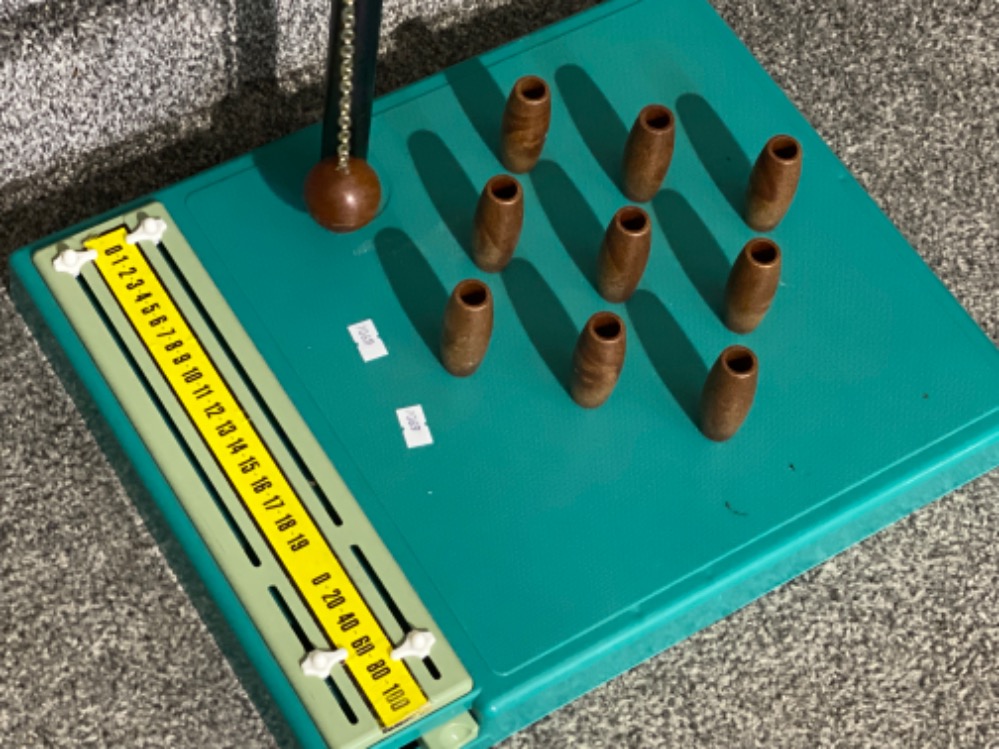 Vintage traditional table top skittles game, with attached scoreboard - Image 2 of 2