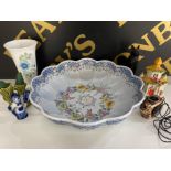 Handpainted Portuguese centre bowl together with studio pottery purse, Staffordshire house etc