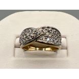9ct gold pave set white stone thick band ring. Size N (4.7g)
