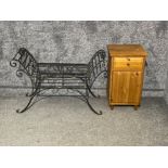 Wrought iron seat and pine bedside table