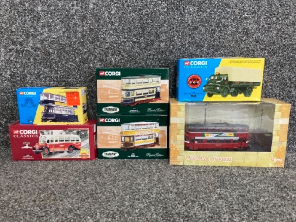 Corgi die cast models to include two Tramway Classics and a Bedford British Rail Bedford OB Coach