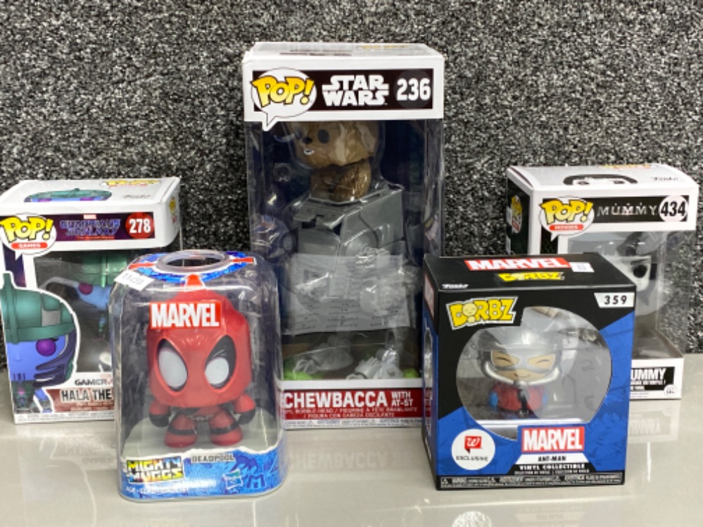 Total of 5 ‘funko’ Pop vinyl figures all in original boxes, includes Deadpool, Ant-Man, Hala the