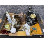 Box of miscellaneous includes Juliana figured mantle clock, black glass decanter,