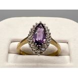 Ladies 9ct gold Amethyst and diamond marquise cluster ring. Size L (2.4g)
