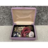 Purple jewellery box and contents including Marcasite, paste, enamel bracelet engraved with the