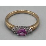 Ladies 9ct yellow gold pink sapphire and diamond ring size O 2.4g gross